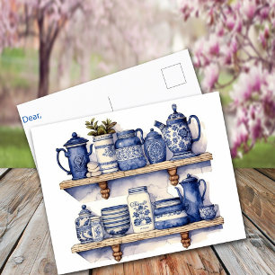 Vintage Keukenplank Blauw Witte Borden Thee Koffie Briefkaart