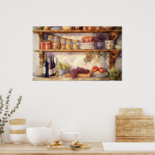 Vintage Keukenplank Wijnflessen Metselpotten Poster