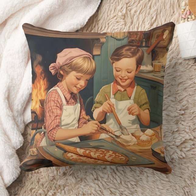 Vintage Kids Cooking Kussen (Deken)