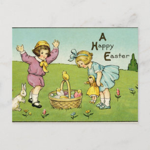Vintage Kinderen met Konijntjes en een Mand Pasen Briefkaart