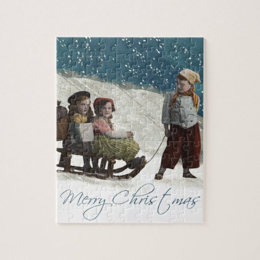 Vintage kinderen Sledding Kerstwinter Legpuzzel (Verticaal)