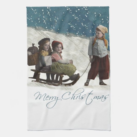 Vintage kinderen Sledding Kerstwinter Theedoek (Verticaal)