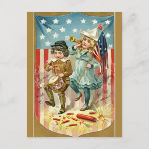 Vintage kinderen van de vlag met vuurwerk briefkaart