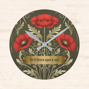 Vintage Klaprozen Goud Rood Art Nouveau Monogram Ronde Klok