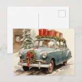 Vintage Klassieke Blauwe Kerstauto Feestdagenkaart (Voorkant / Achterkant)