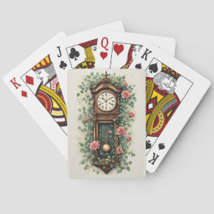 Vintage klok omringd door rozen en wijnranken pokerkaarten
