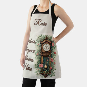 Vintage klok omringd door rozen en wijnranken schort