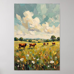 Vintage koeweide boerderij kunst poster