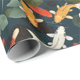 Vintage Koi Vissen en Lotus Tuin op Diepblauw Cadeaupapier