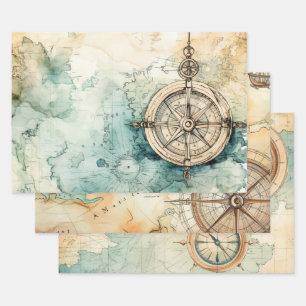 Vintage kompas en oude kaart nautisch inpakpapier vel