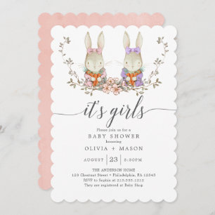 Vintage konijn Botanische Twin Baby shower Kaart