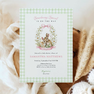 Vintage Konijn Groene Gingham Meisje Baby Shower Kaart