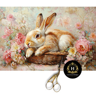 Vintage Konijn in Mand Met Bloemen Elegantie Decou Tissuepapier