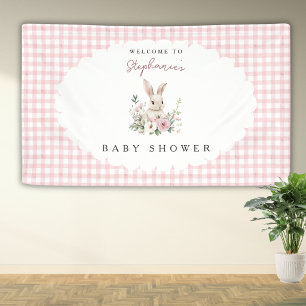 Vintage Konijn Roze Strik Gingham Baby Shower Welk Spandoek