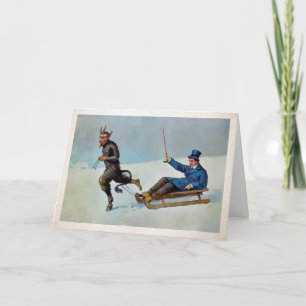 Vintage Krampus Pulling a Sled Holiday Card Feestdagen Kaart