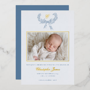 Vintage krans linten boog blauw baby folie feestdagenkaart