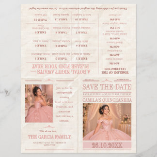 Vintage Krantenstijl Quinceañera Bewaar de Datum F Flyer