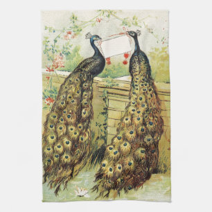 Vintage kunst pauwen die een boodschap dragen, cad theedoek