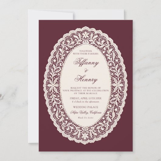 Vintage Lace Burgundy Wedding Invitation (Devant)