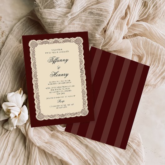 Vintage Lace Burgundy Wedding Invitation