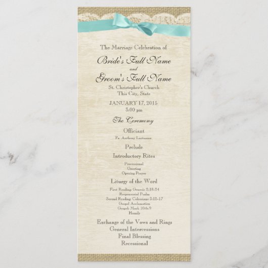 Vintage Lace et Aqua Bow Wedding Programme (Devant)