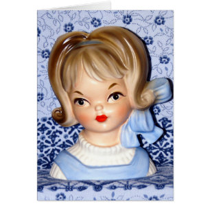 Vintage Lady Head Vase Little Girl Blue Bow Card