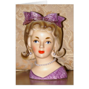 Vintage Lady Head Vase Paarse Bow Kaart 60 jaar