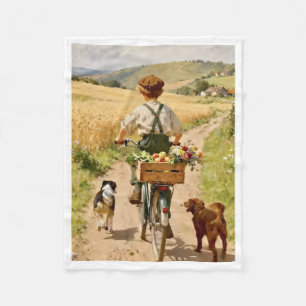 Vintage Landjongen Fiets Honden Fleece Dekbed Deken