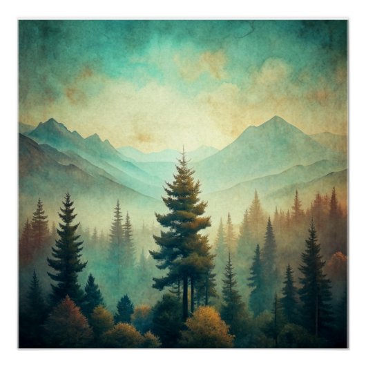 Vintage Landscape Mountains Forest Wall Poster Art (Devant)