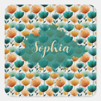 Vintage Lente Geel en Groen Bloemmotief Vierkante Sticker