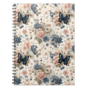 Vintage lente roze en blauwe bloemen en vlinder notitieboek