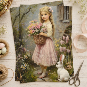 Vintage Lente Tuin Meisje met Bloemen & Konijn Tissuepapier