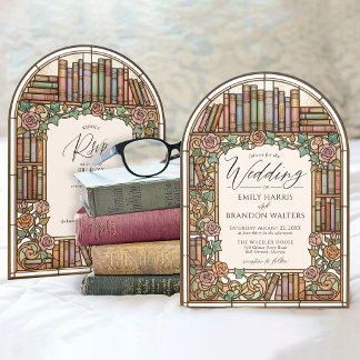 Vintage Library Books Stained Glass Arch Wedding Kaart