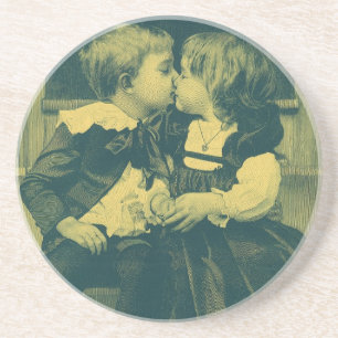 Vintage liefde- en romantische foto, kinderen kuss zandsteen onderzetter