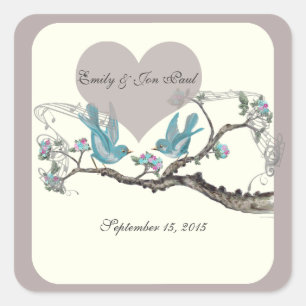 Vintage Liefdesvogels Aqua Heet Roze en Grijs Vierkante Sticker