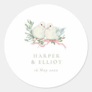Vintage Liefdesvogels & Boog Salie & Roze Bruiloft Ronde Sticker