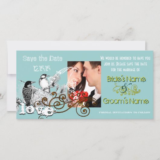 Vintage Love Birds Bewaar de Datum Jouw Foto Save The Date (Voorkant)