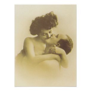 Vintage love couple kissing sepia illustration perfect poster