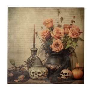 Vintage Macabere Rozen Schedels Sepia Tegeltje