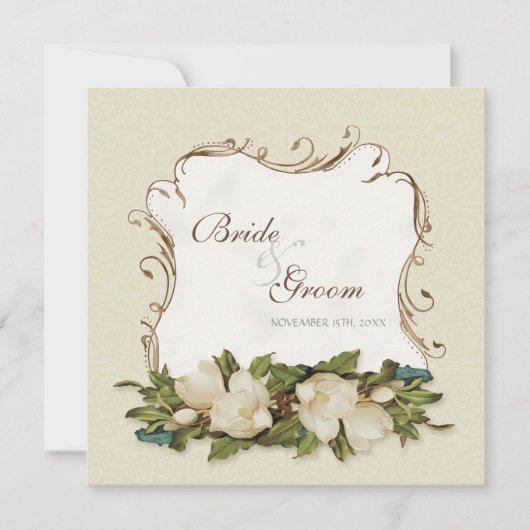 Vintage Magnolia Swirls Mariage damassé Invitation (Devant)