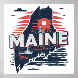 Vintage Maine USA Staat Kaart Reizen Poster