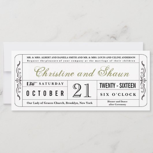 Vintage Mariage Billetterie Invitation en vert oli (Devant)