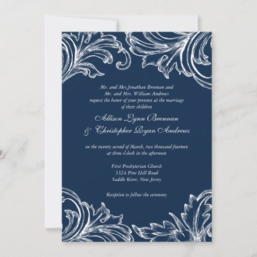 Vintage Mariage damassé Invitation Marine Bleu bla (Devant)