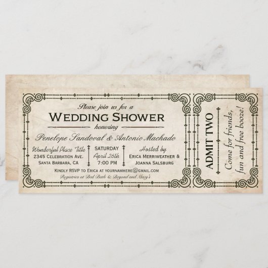 Vintage Mariage Douche Billet Invitations I (Devant / Derrière)