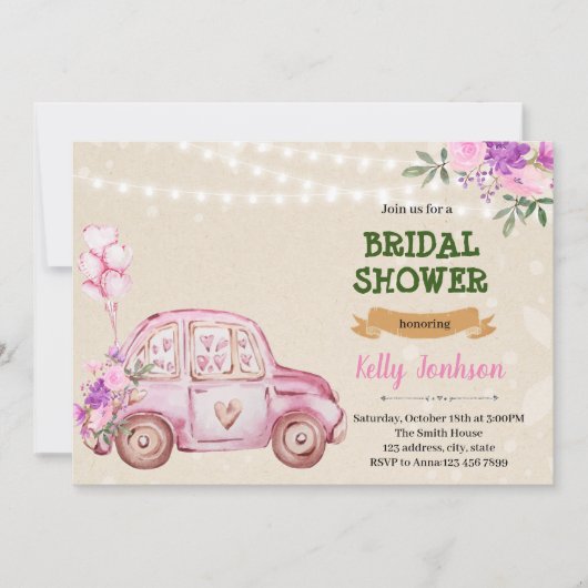 Vintage mariage voiture douche Invitation (Devant)