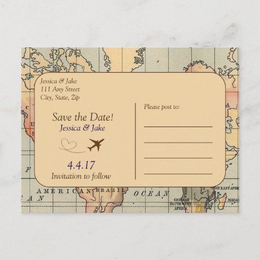 Vintage, Mariage Voyage Enregistrer la date Carte (Devant)