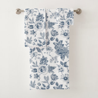 Vintage marineblauwe bloem toile-de-Jouy-patroon Bad Handdoek
