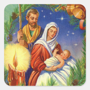 Vintage Mary en Joseph met Baby Jezus Kerstmis Vierkante Sticker