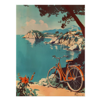 Vintage Mediterranean Coast with Orange Bicycle Perfect Poster
