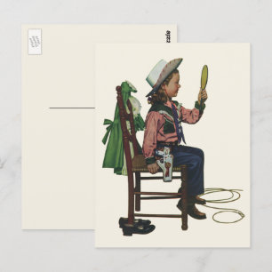 Vintage meisje cowgirl die in de spiegel kijkt Ze  Briefkaart